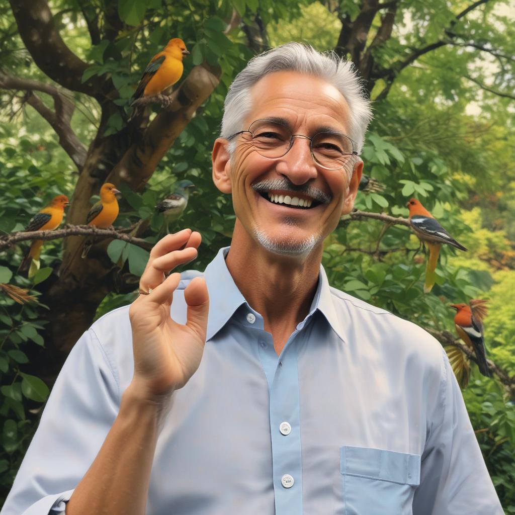 Dr. Tony happily listening to nature's sounds in a park, representing the joy of restored hearing.