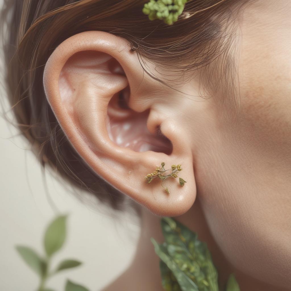 Artistic depiction of a human ear surrounded by healing plant elements, symbolizing natural ear health and restoration.