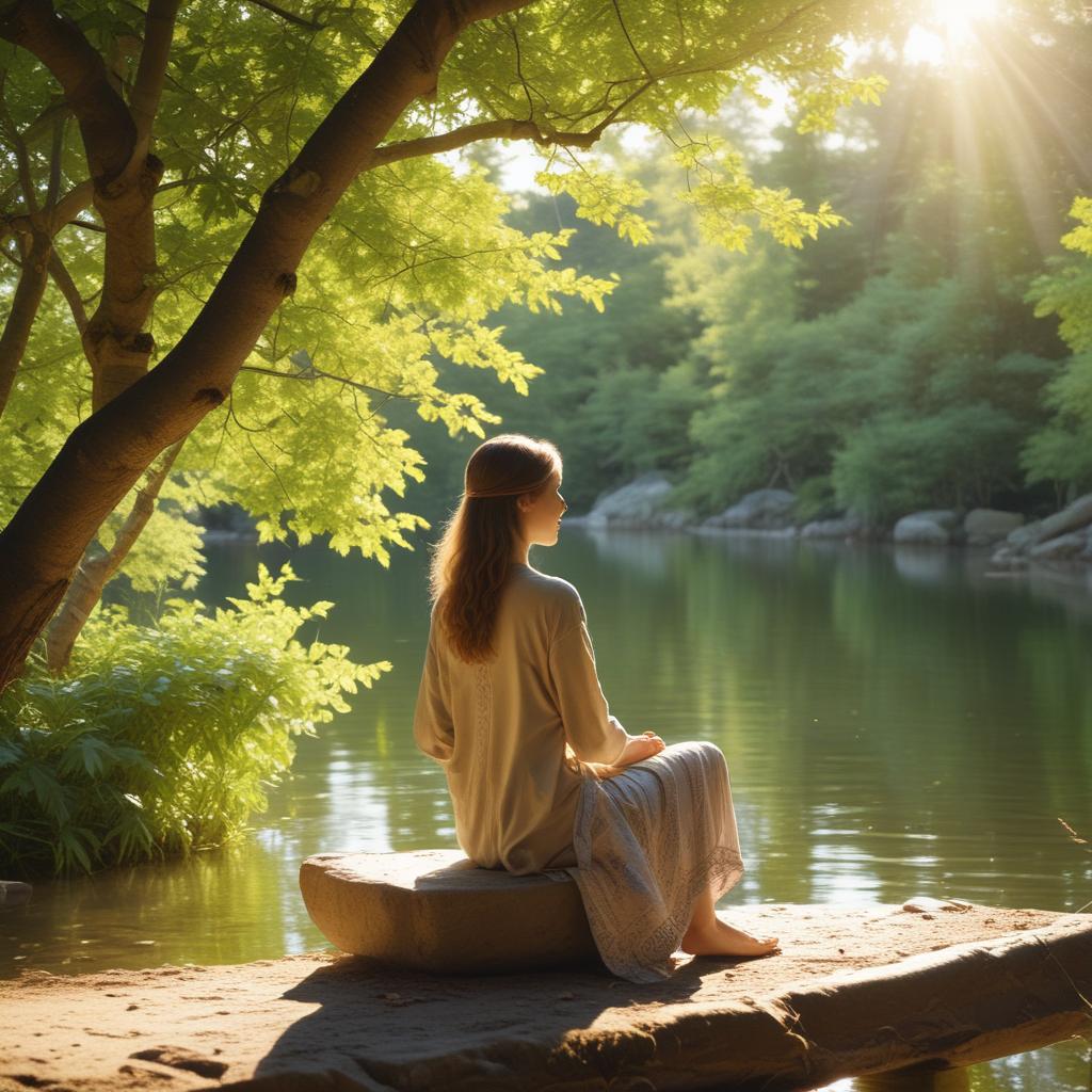 A person sitting peacefully in a quiet, beautiful garden, enjoying profound silence and calm after finding relief from tinnitus.
