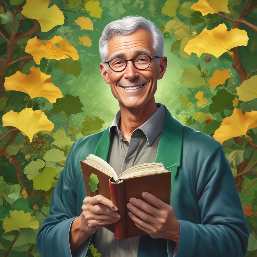 Dr. Tony, looking hopeful, surrounded by natural elements like ginkgo and fresh produce, studying notes on natural health and remedies for hearing improvement.