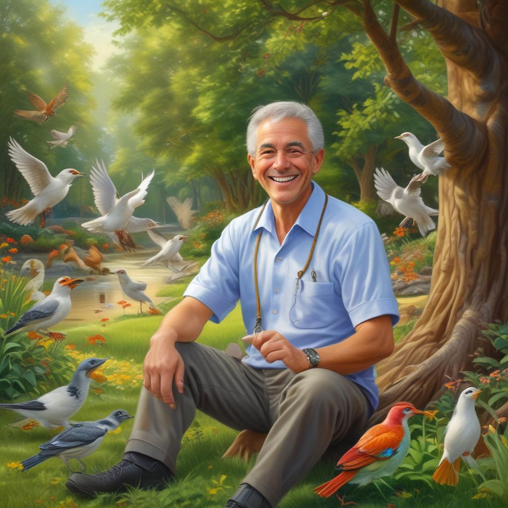 A joyful Dr. Tony smiling broadly in a park, clearly hearing and enjoying the sounds of nature and distant laughter, with a look of contentment.
