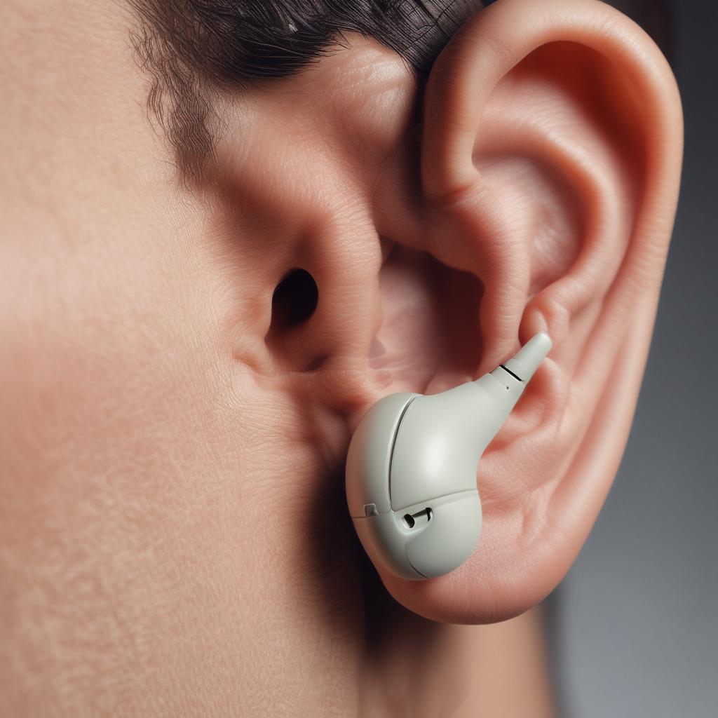 A highly discreet, almost invisible futuristic hearing aid perfectly fitted within the concha of a human ear, glowing subtly to indicate advanced function.