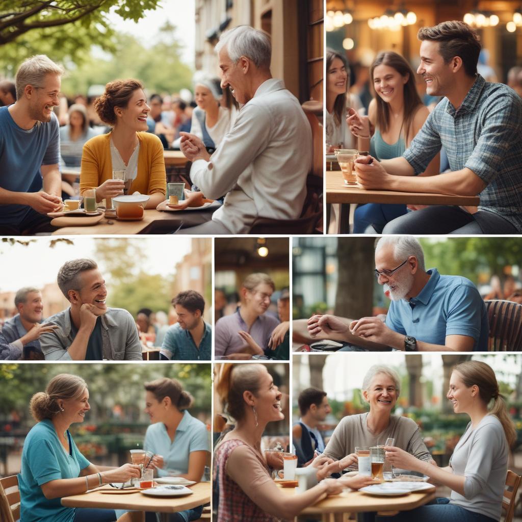 A visual montage showing diverse individuals benefiting from advanced hearing aids: one laughing in a crowded cafe, another deeply immersed in music, and a third enjoying nature, all depicting enhanced quality of life through better hearing.