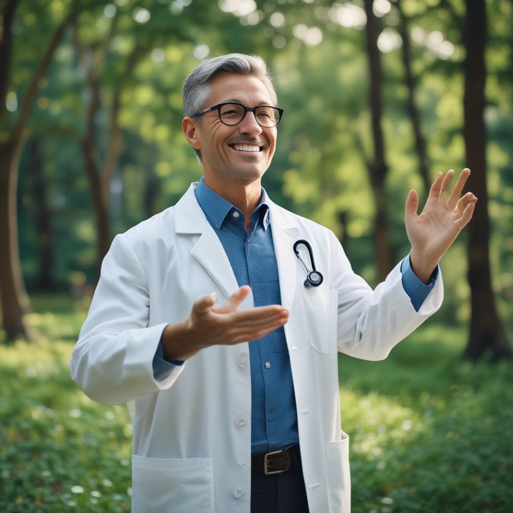 Dr. Tony, now smiling and relieved, standing in a peaceful garden, with subtle visual cues of sound fading away, symbolizing relief from tinnitus.