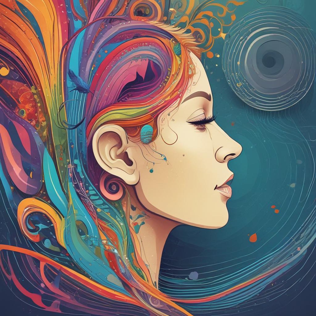 Abstract art showing clear sound waves and natural elements flowing into a healthy ear.