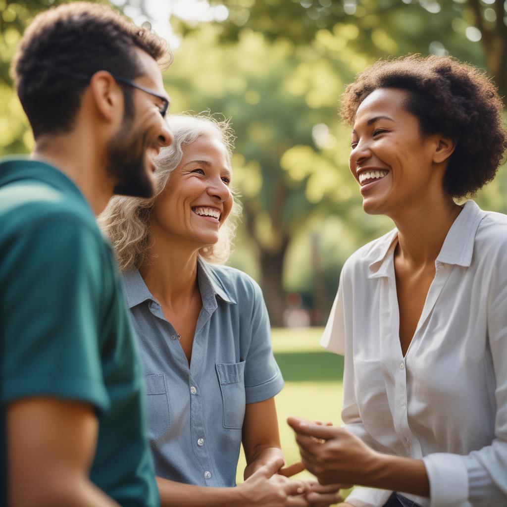 A joyful person clearly hearing a conversation outdoors with family, symbolizing improved hearing and happiness.