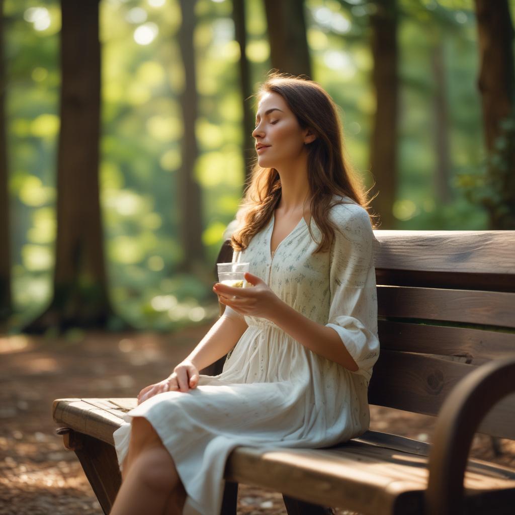 Woman meditating peacefully in a forest, experiencing quiet and calm.