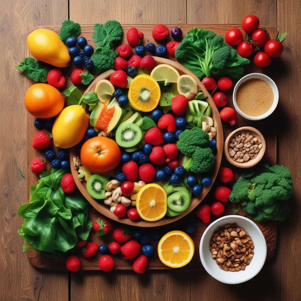 Abundant display of natural, healthy foods including berries, leafy greens, nuts, and fish, representing a diet for improved hearing health and overall wellness.