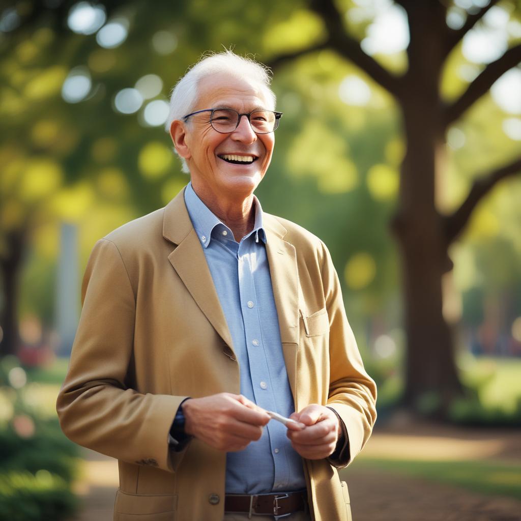 Dr. Tony, a happy and confident man, smiling and enjoying clear sounds outdoors, symbolizing successful natural hearing restoration and an end to tinnitus.