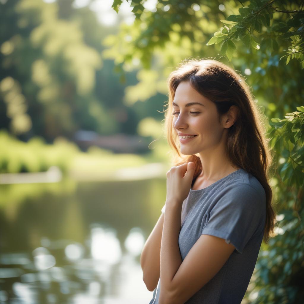 Serene person with a peaceful smile in a bright, calm natural setting, representing relief from tinnitus.