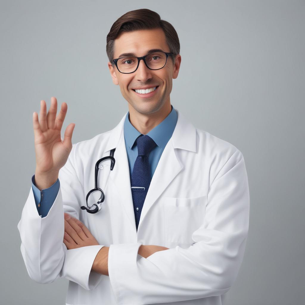 Friendly Dr. Tony, a male doctor with a warm smile, gesturing encouragingly, symbolizing hope and guidance for tinnitus relief.