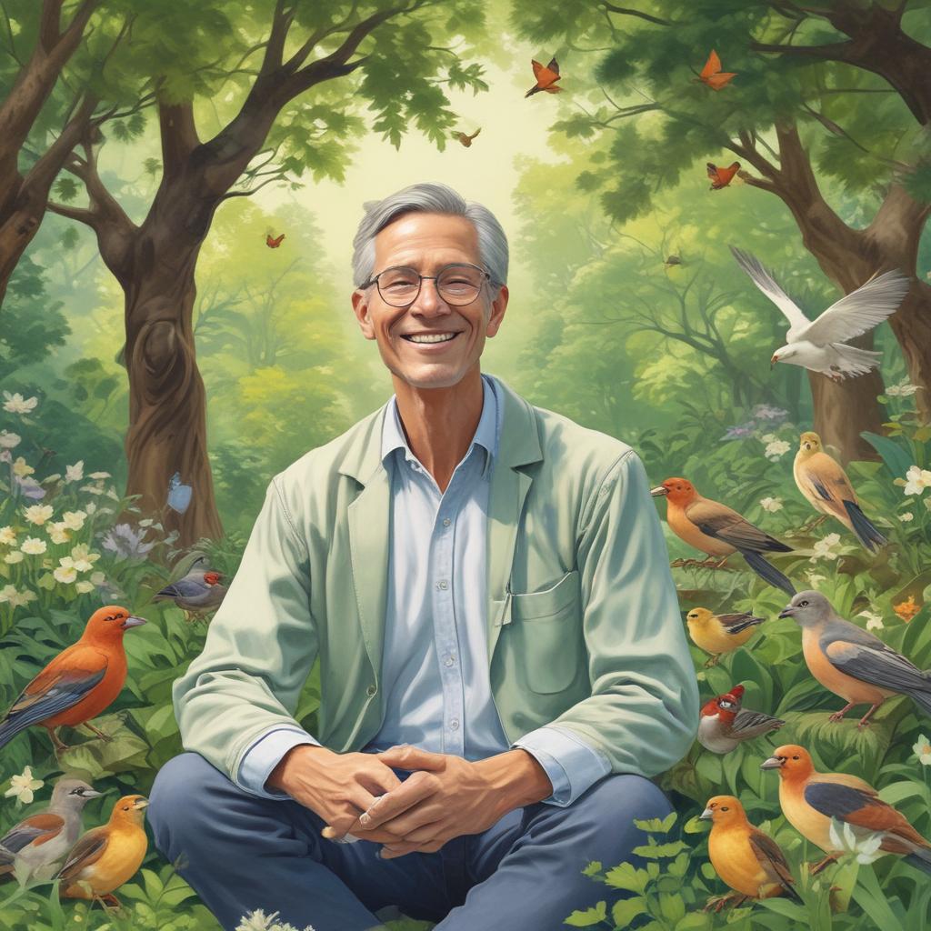 A smiling, relaxed man in a tranquil garden, eyes closed, appearing to enjoy the sounds of nature, symbolizing restored hearing and peace.
