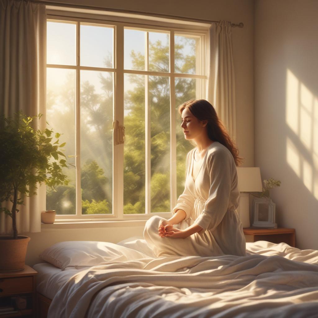 Person waking up peacefully in a bright, quiet room, symbolizing relief from tinnitus.