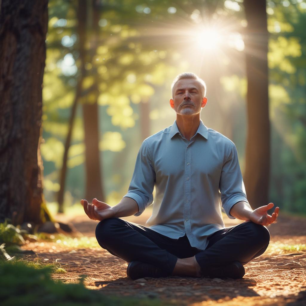 Dr. Tony, a man, practicing mindfulness and gentle exercises in a peaceful park setting, reflecting his journey to natural healing and restored hearing clarity.