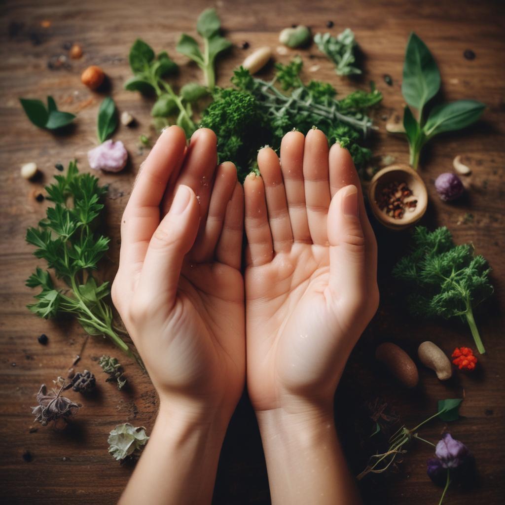 Hands gently cupping an ear, surrounded by natural elements like fresh greens, vitamins, and water, symbolizing holistic and natural approaches to curing hearing loss and tinnitus.