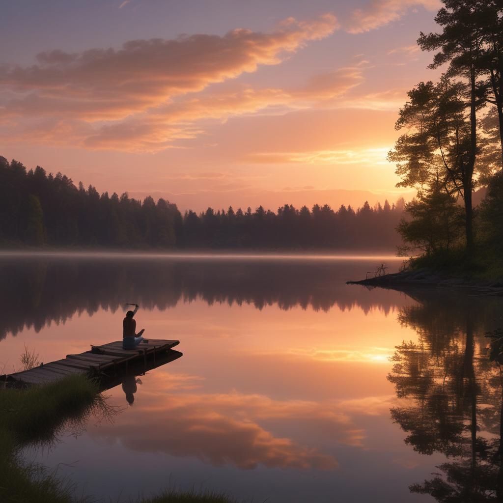 A person smiling peacefully, listening to the quiet sounds of nature by a calm lake, representing relief and silence from tinnitus.