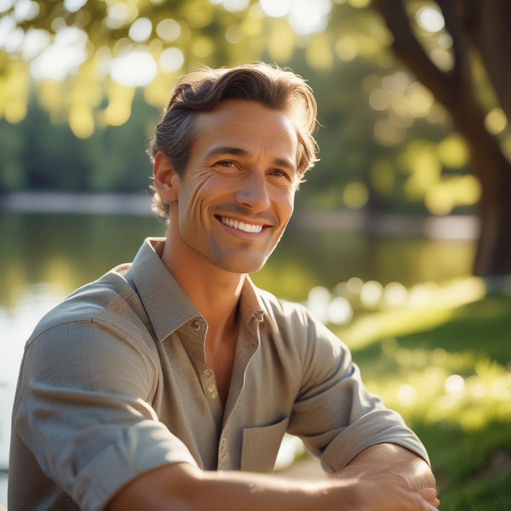 A serene man enjoying peaceful silence in a tranquil natural setting, representing relief from ear ringing.