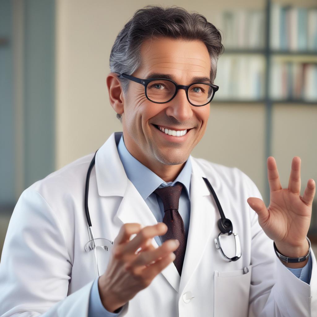 Dr. Tony, a friendly doctor, offering a reassuring smile and hopeful gesture about a solution for tinnitus.