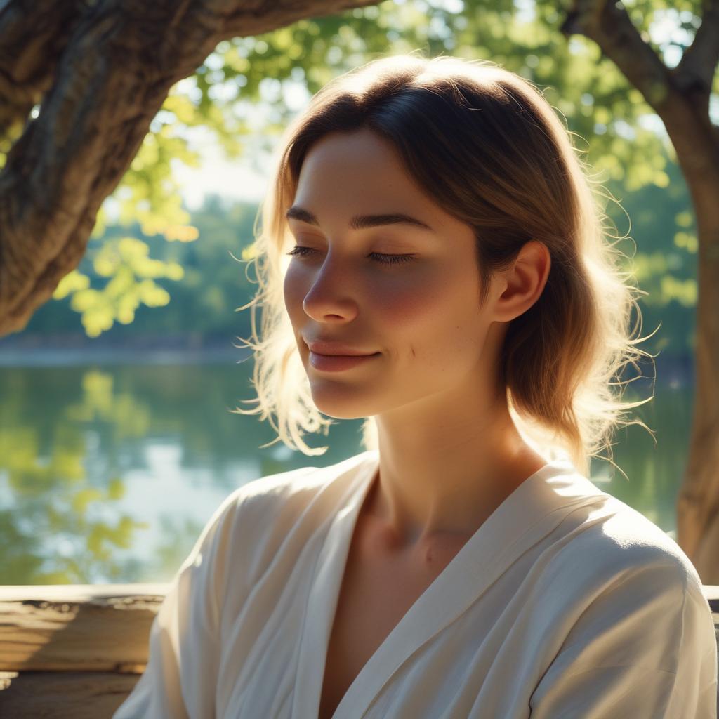 A serene person enjoying profound peace and silence in a calm, sunlit setting, having found relief from ear ringing.