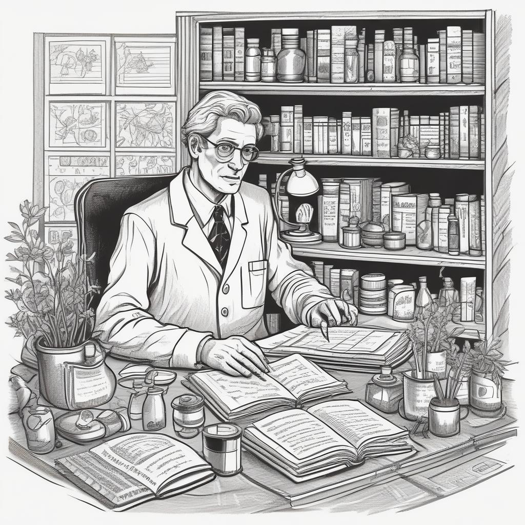 A doctor researching natural remedies for hearing health, surrounded by books, scientific papers, and natural ingredients.