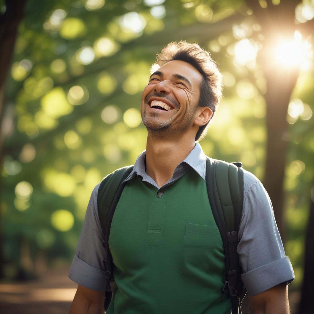 Happy man enjoying clear sounds in a serene natural environment, symbolizing restored hearing and peace.