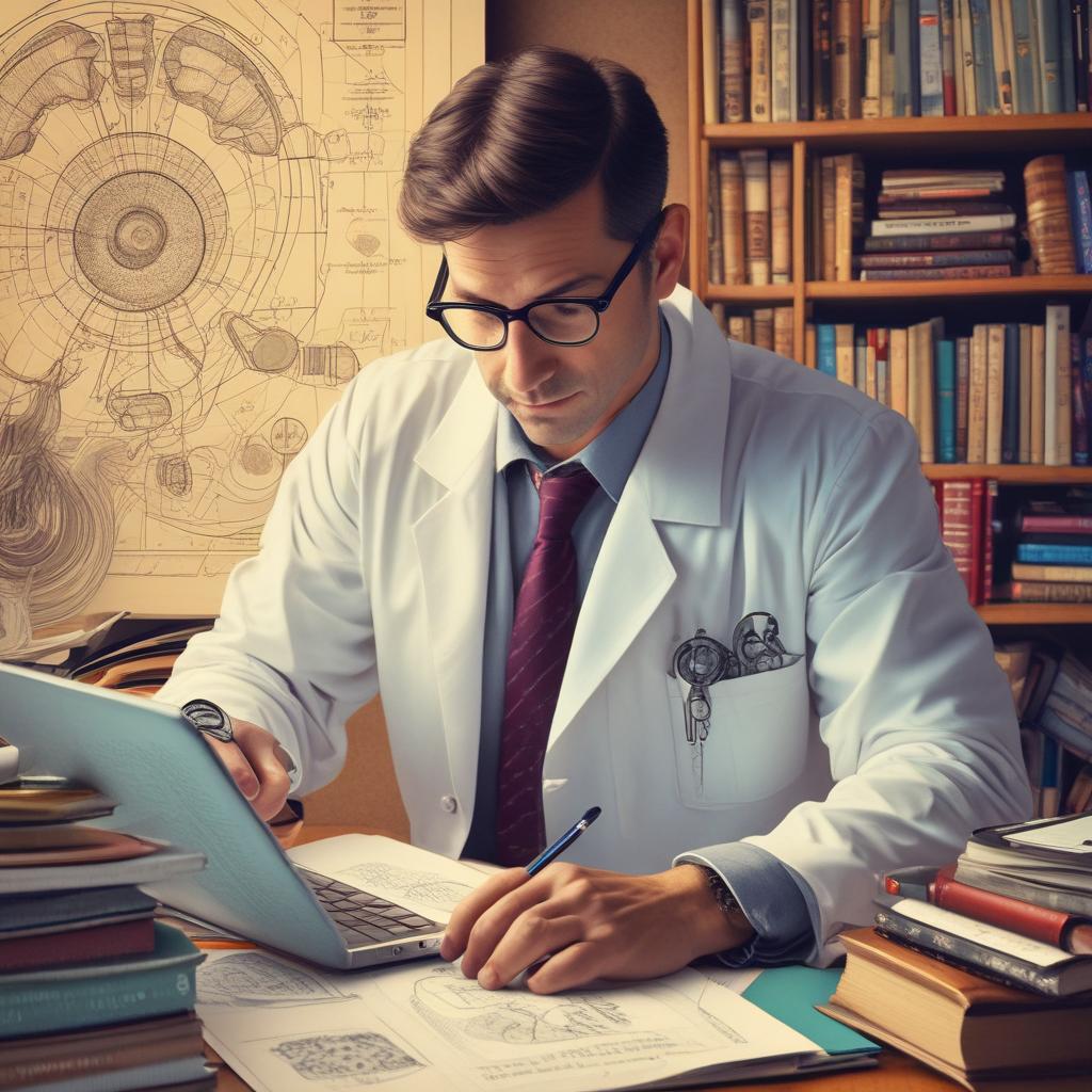 Dr. Tony intently researching solutions for tinnitus, surrounded by medical documents and diagrams of brain and ear structures, symbolizing the quest for a cure.