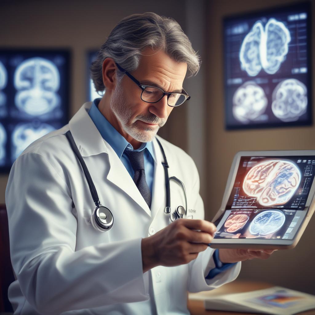 Dr. Tony, a friendly doctor, discovering a breakthrough in tinnitus treatment on a tablet.