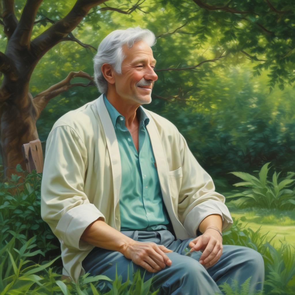 Person enjoying complete silence and peace in a beautiful garden after successfully curing tinnitus.