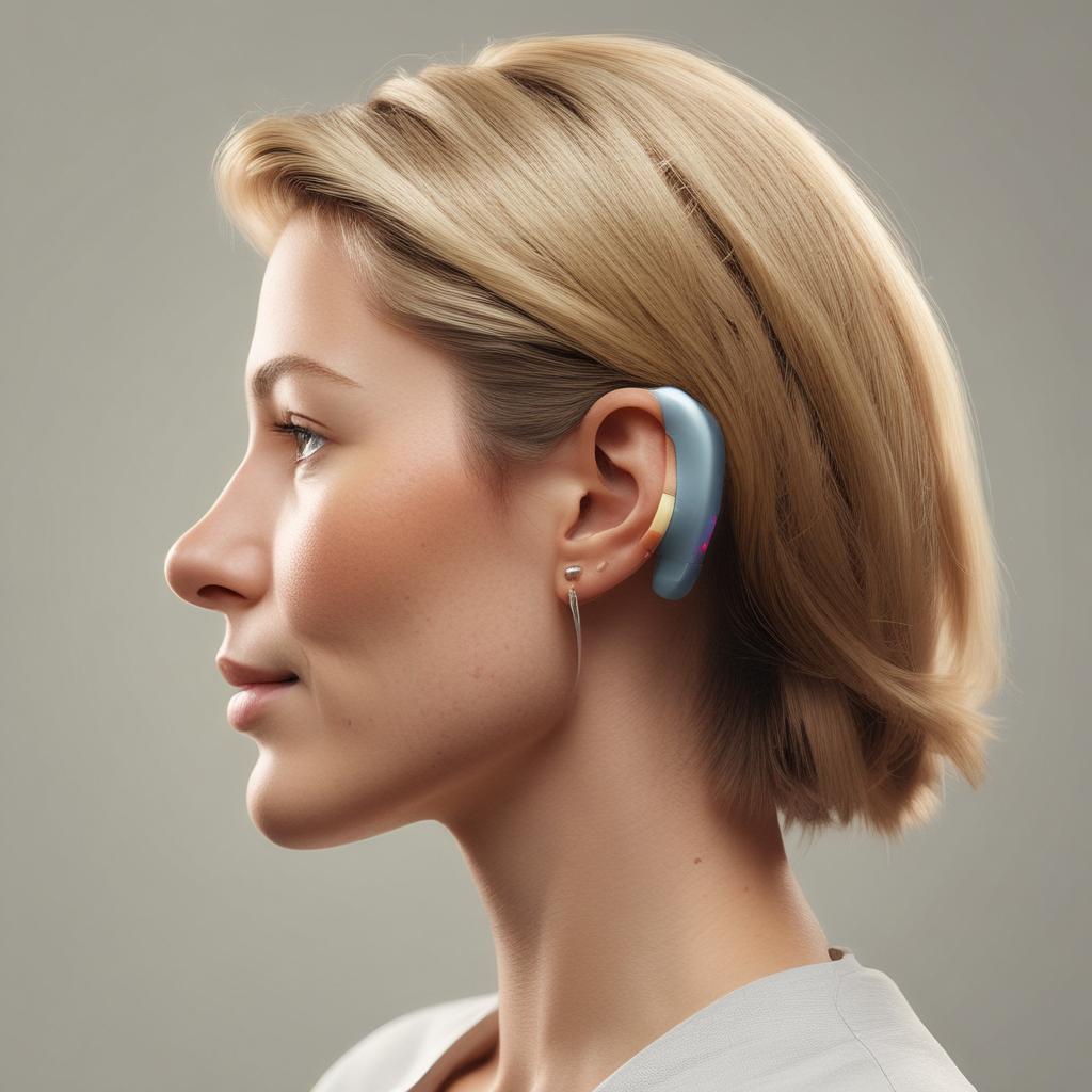 Close-up of a sleek, futuristic, and nearly invisible hearing aid in an ear, representing advanced sound clarity and discreet design.