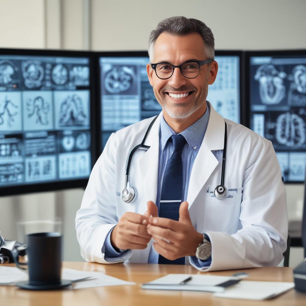 Dr. Tony, a friendly doctor, explaining a concept of ear health and tinnitus relief with a positive gesture.