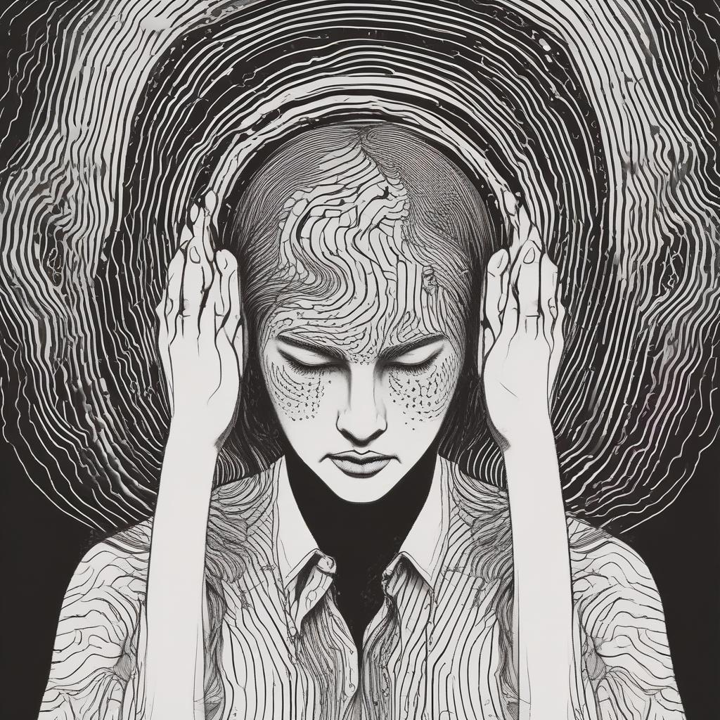 A person looking distressed, holding their head with hands over their ears, with vibrant, aggressive ringing patterns around their head, illustrating the torment of tinnitus.