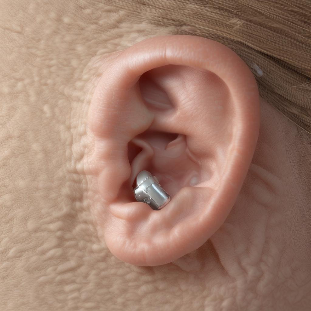 A close-up of a tiny, advanced hearing aid discreetly placed behind an ear.