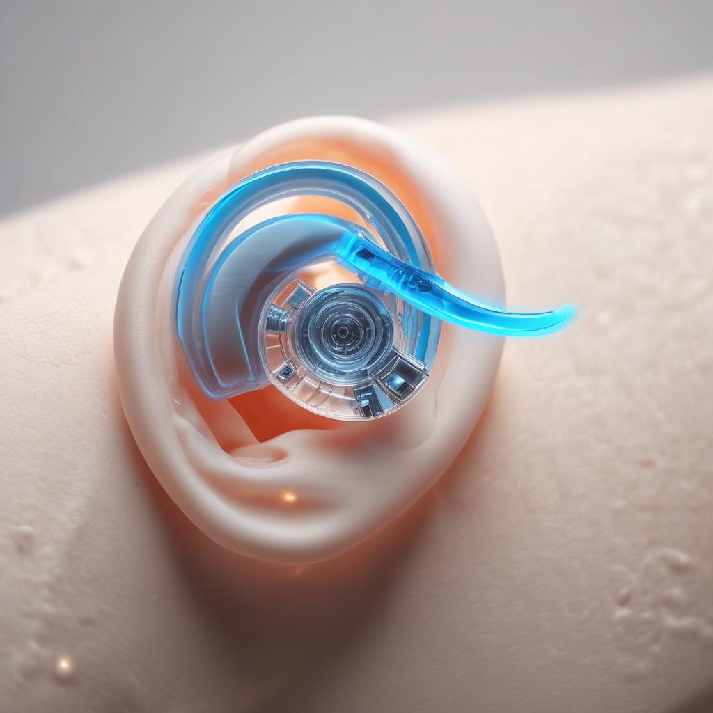 A highly advanced, futuristic hearing aid with a sleek, minimalist design, subtly placed behind an ear, emitting gentle, ethereal sound waves, symbolizing enhanced and natural sound perception.