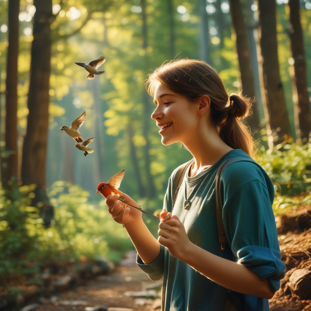 A happy person with improved hearing, deeply enjoying the rich sounds of birdsong and rustling leaves in a vibrant, sunlit forest, emphasizing the profound joy and clarity that modern hearing aids can bring.