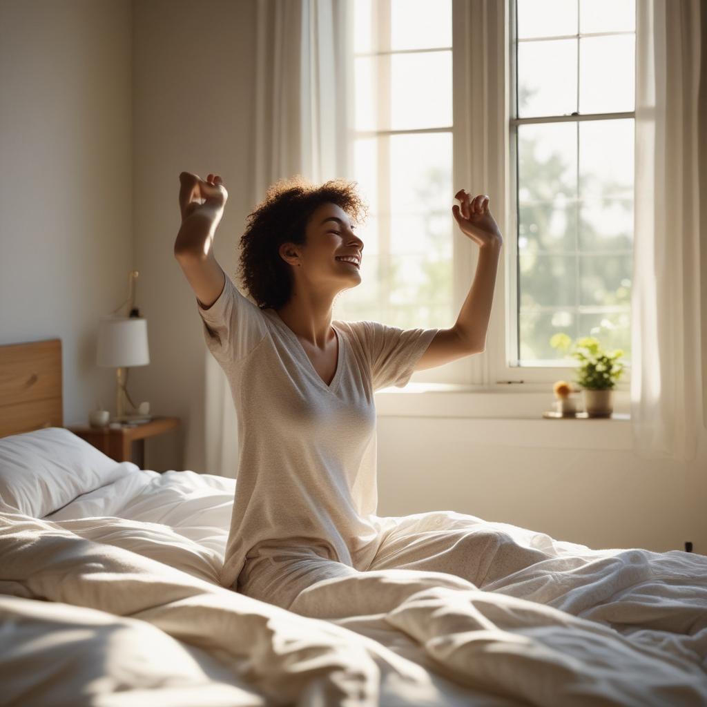 A happy person waking up refreshed and smiling in a sunny bedroom, symbolizing peaceful sleep after overcoming ear ringing.