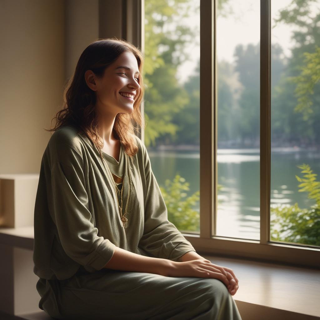 A peaceful person with a calm expression, enjoying silence and clarity, symbolizing relief from tinnitus.