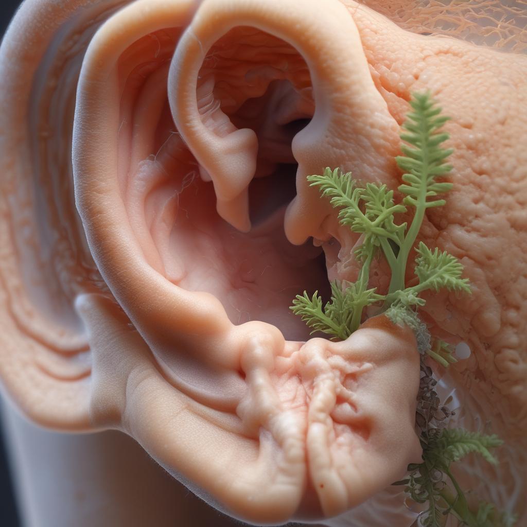 Microscopic view of an ear, with glowing natural plant elements symbolizing cellular regeneration and nourishment within the ear.