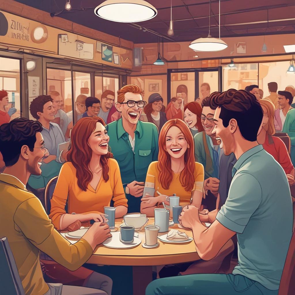 A smiling person confidently participating in a lively cafe conversation, symbolizing restored hearing and social connection.