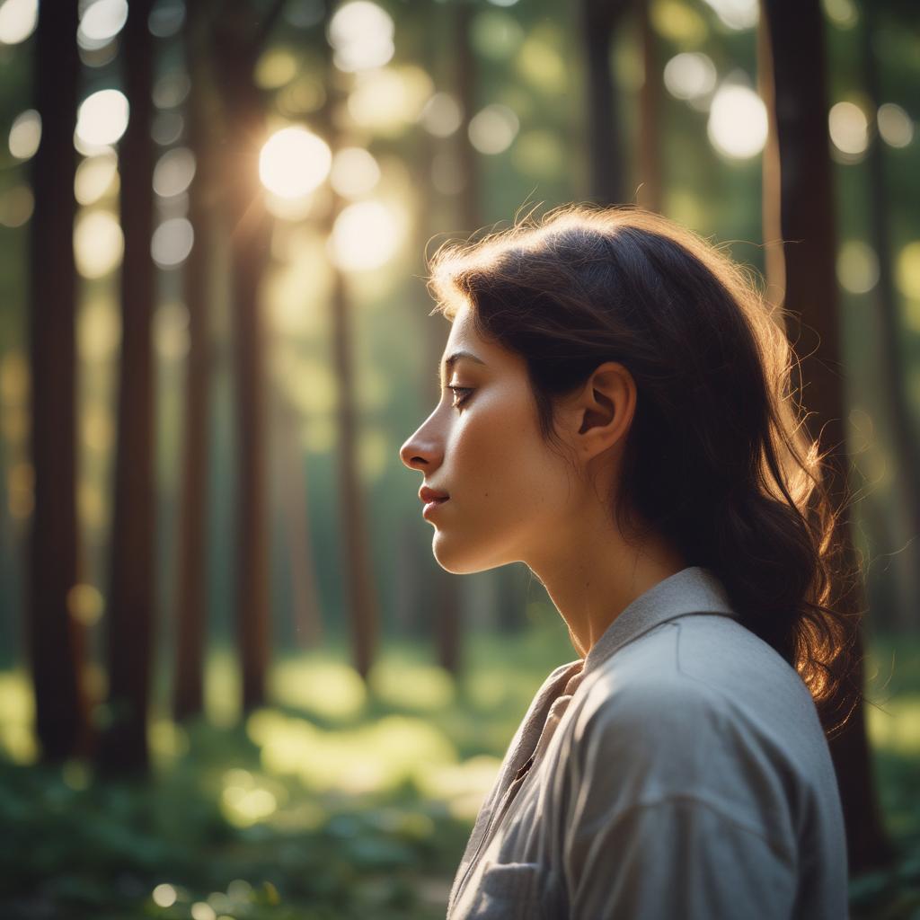A peaceful person enjoying silence in a tranquil natural setting, representing relief from ear ringing.