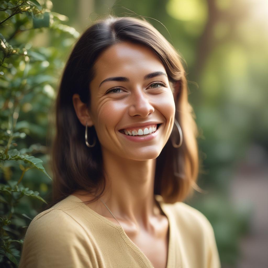 Happy person in a peaceful garden, relieved and free from the sound of tinnitus.