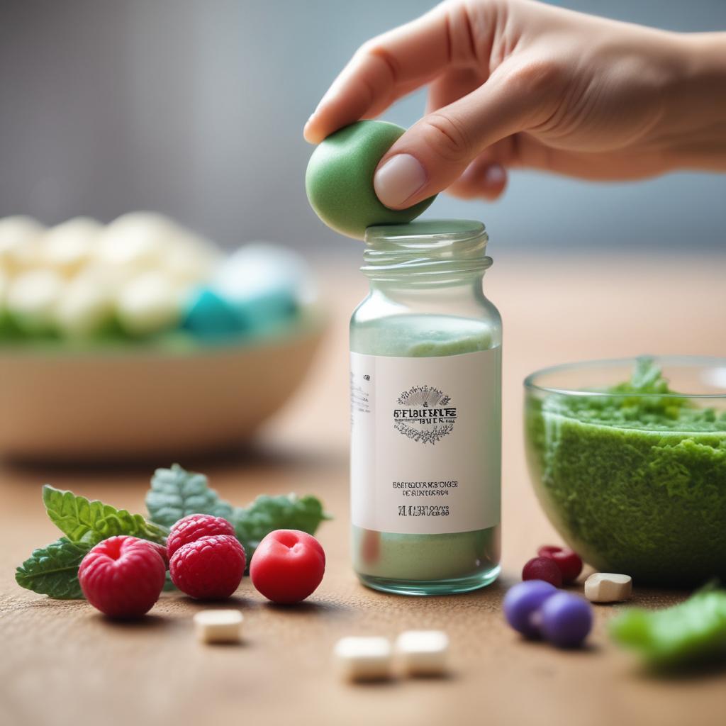 Hand holding a modern bottle of weight loss pills with a blurred background of healthy breakfast and exercise gear.