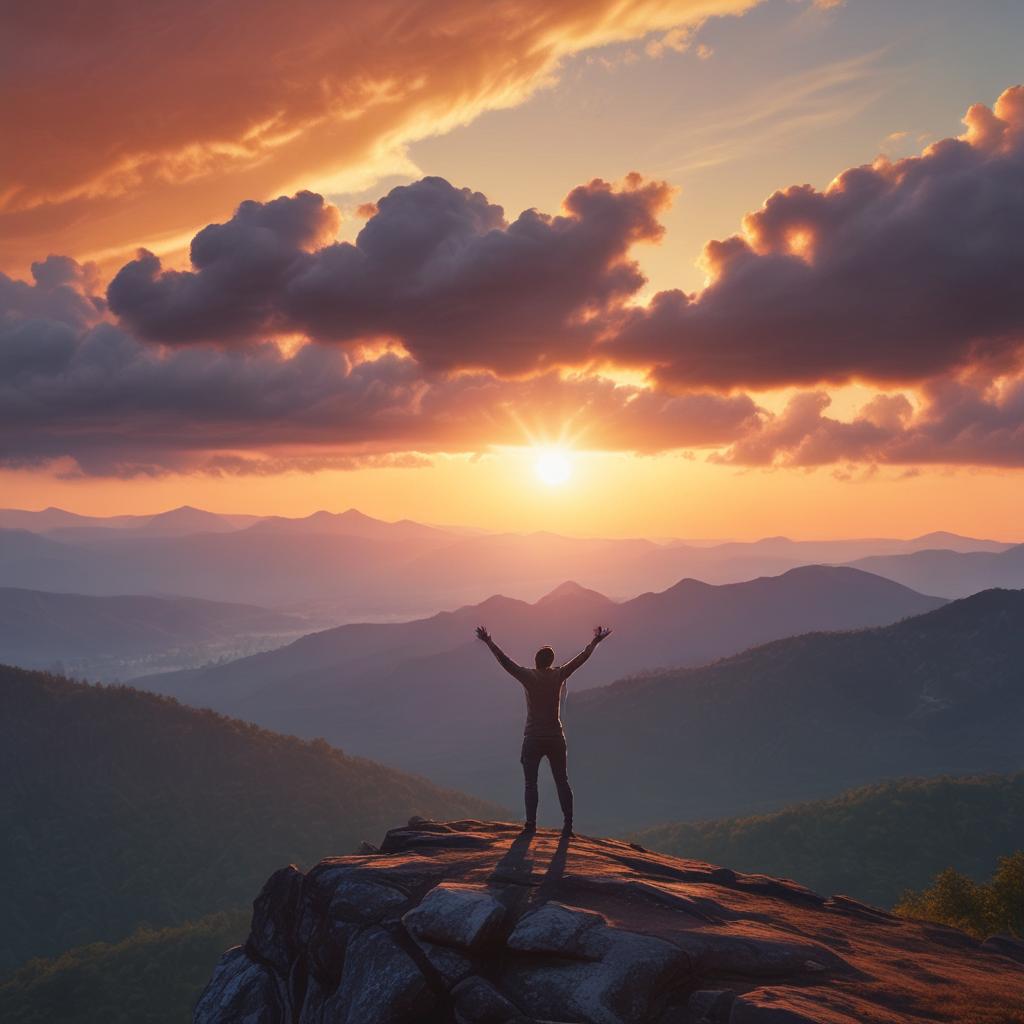 Person celebrating on a mountain top with arms outstretched, symbolizing freedom, achievement, and a successful weight loss journey.
