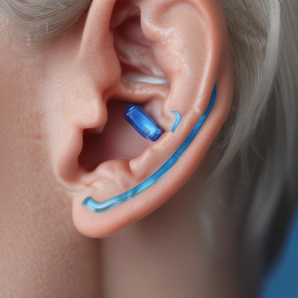 Close-up of a high-tech, discreet hearing aid behind an ear, emphasizing modern design.