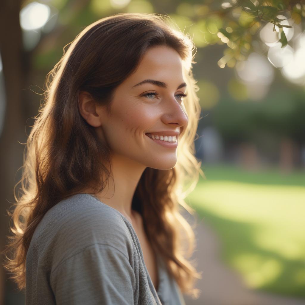 Person smiling peacefully, listening to silence in a calm setting, representing relief from ear ringing.