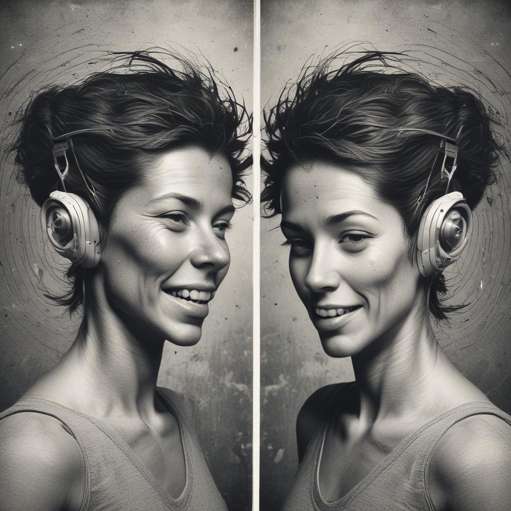 Before-and-after visual: one side shows suffering from tinnitus, the other side shows relief and silence.