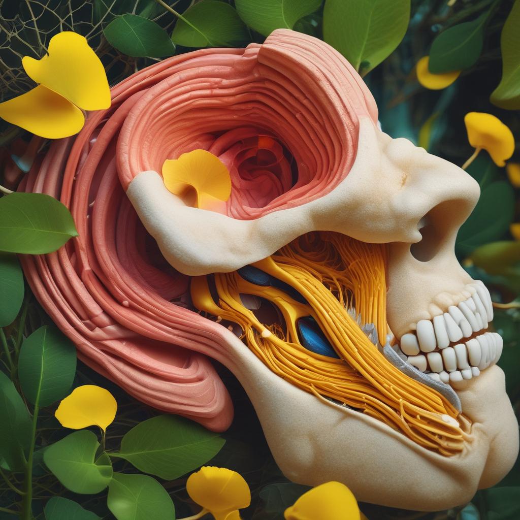 An intricate, glowing illustration of the human inner ear, surrounded by various natural plant extracts and nutrient molecules, depicting a concept of natural hearing restoration.