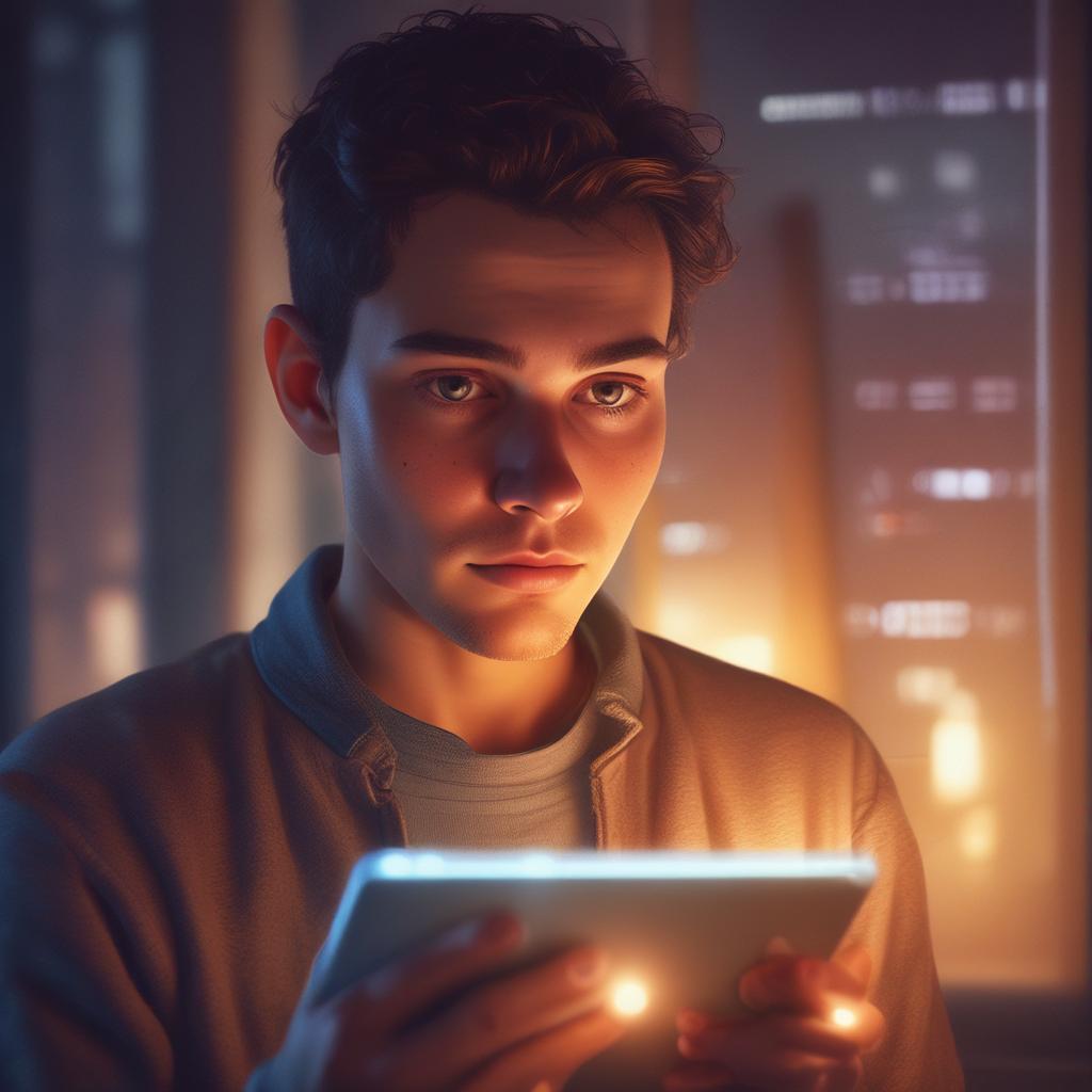 Person looking at a tablet with hope, discovering a new solution for tinnitus.