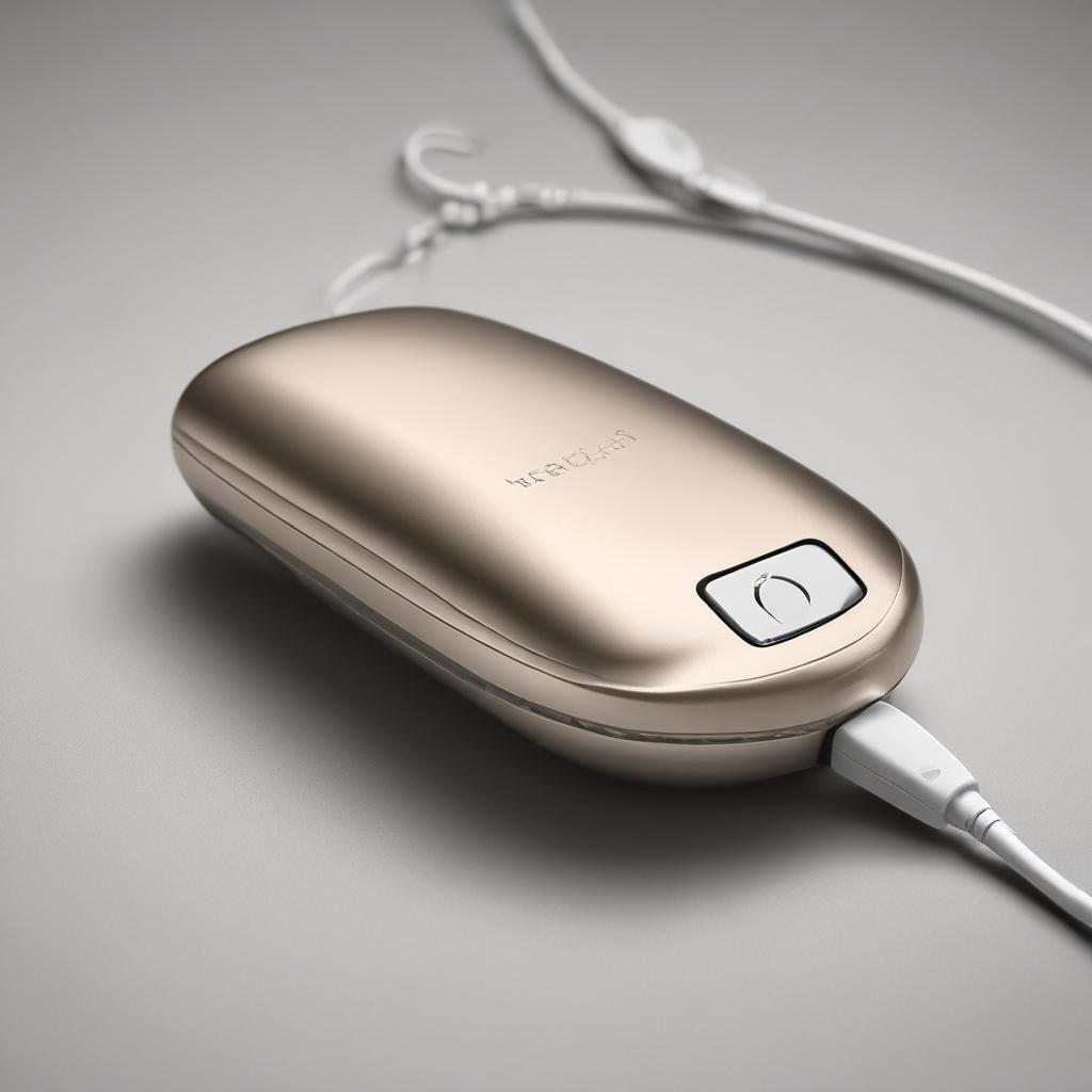 A close-up of a futuristic, ultra-compact hearing aid on a wireless charging pad, highlighting its modern design and advanced technology.