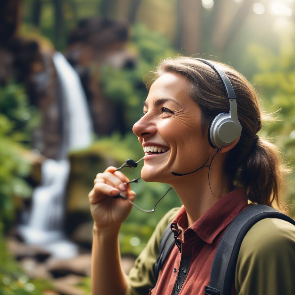 A person happily listening to the sounds of nature with their hearing aids while hiking in a beautiful, serene forest, demonstrating enhanced enjoyment of the outdoors.