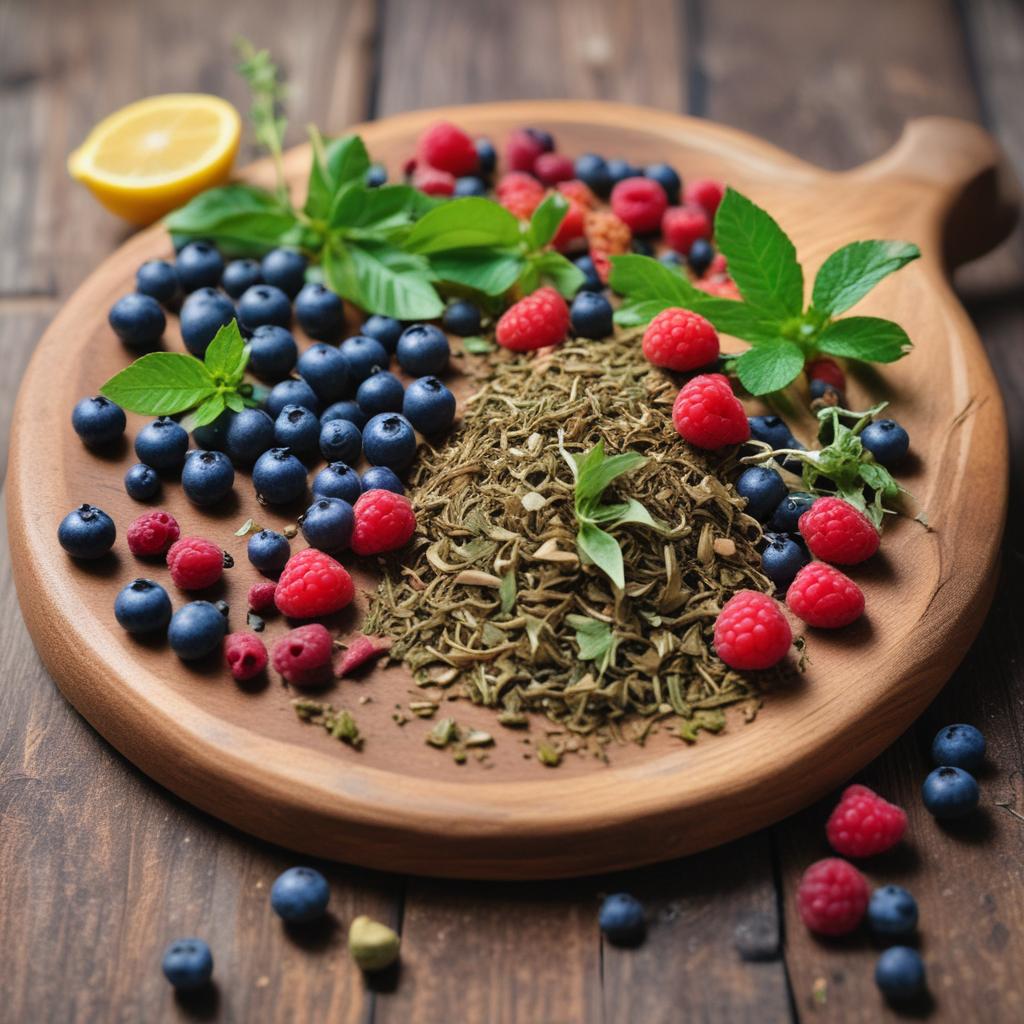 Close-up of fresh, natural ingredients associated with healthy living and weight loss, including green tea, berries, and nuts.